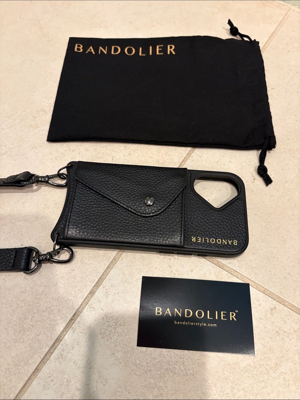 Bandolier Hailey IPhone 16 black leather case and strap